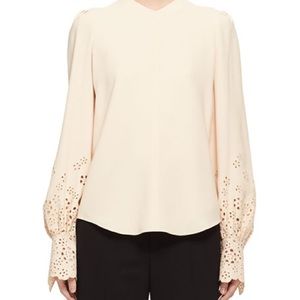 Chloe Long Sleeve Eyelet Cady Blouse Light Beige